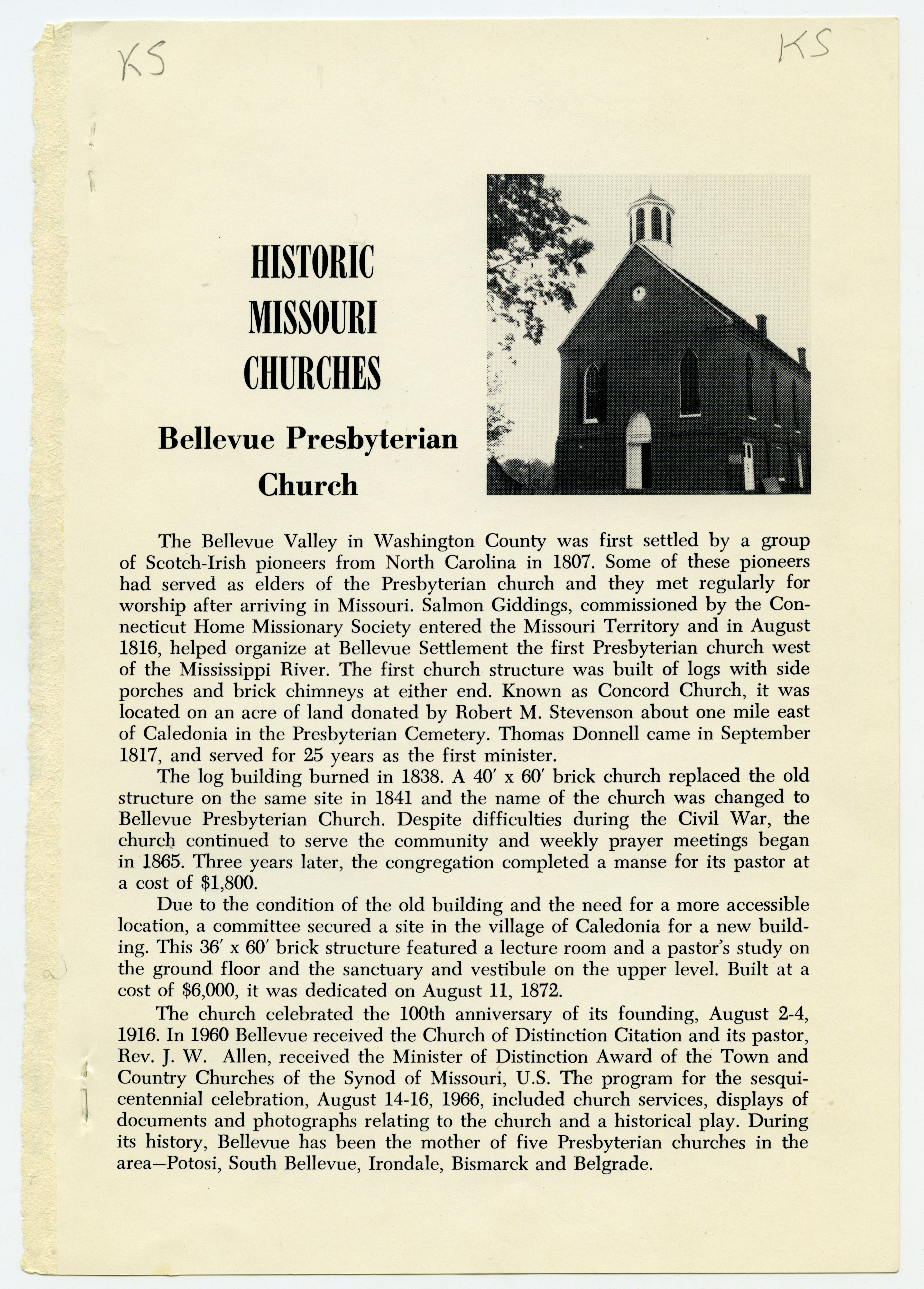 Bellevue Presbyterian Church, Caledonia, Missouri - Missouri Historical Review