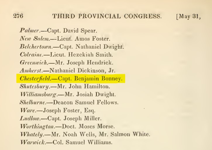 Captain Benjamin Bonney - Delegate to the Third Provincial Congress